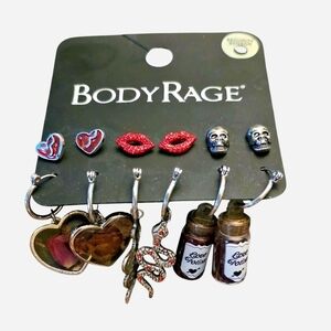BodyRage Set of 6 Earrings, Silver & Red, Snakes, Skulls, Hearts, Potion, Lips